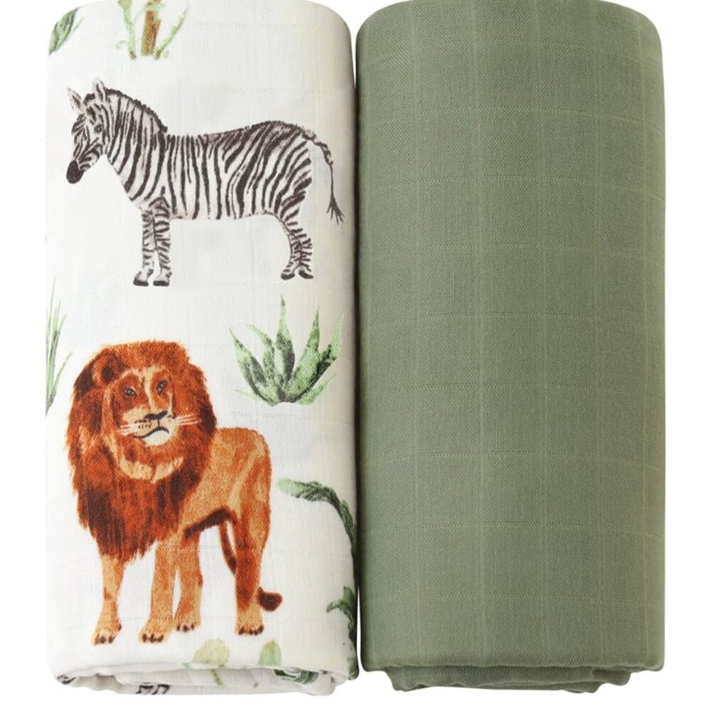 Infant Swaddle Set in Safari & Olive Green Patterns, super soft bamboo blanket